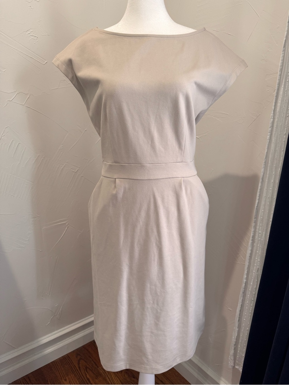 NWT Quince Classic Cap-Sleeve Ponte Sheath Dress in Light Beige M